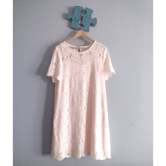 J Peterman vintage pink scalloped lace midi dress size medium short sleeve - Picture 1 of 16